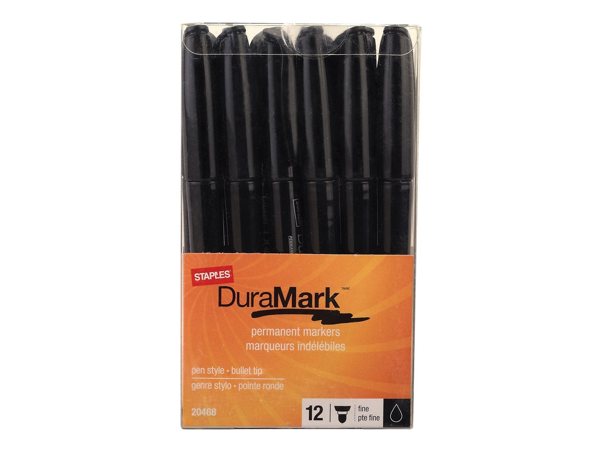 Staples DuraMark Permanent Markers, Fine Tip, Black, 12/Pack