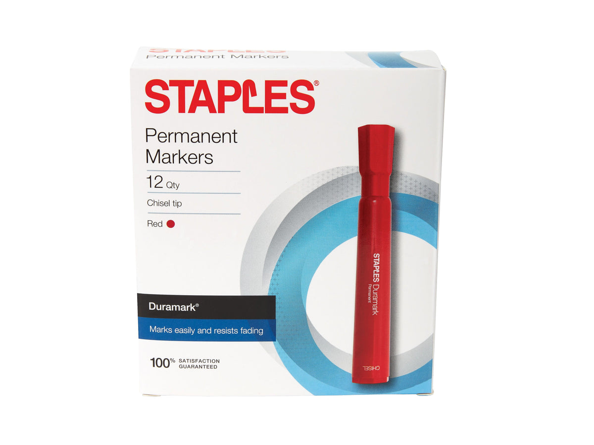 Staples DuraMark Permanent Markers, Medium Point, Red, 12/Pack