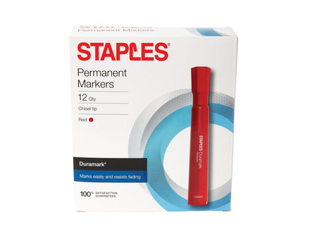 Staples DuraMark Permanent Markers, Medium Point, Red, 12/Pack