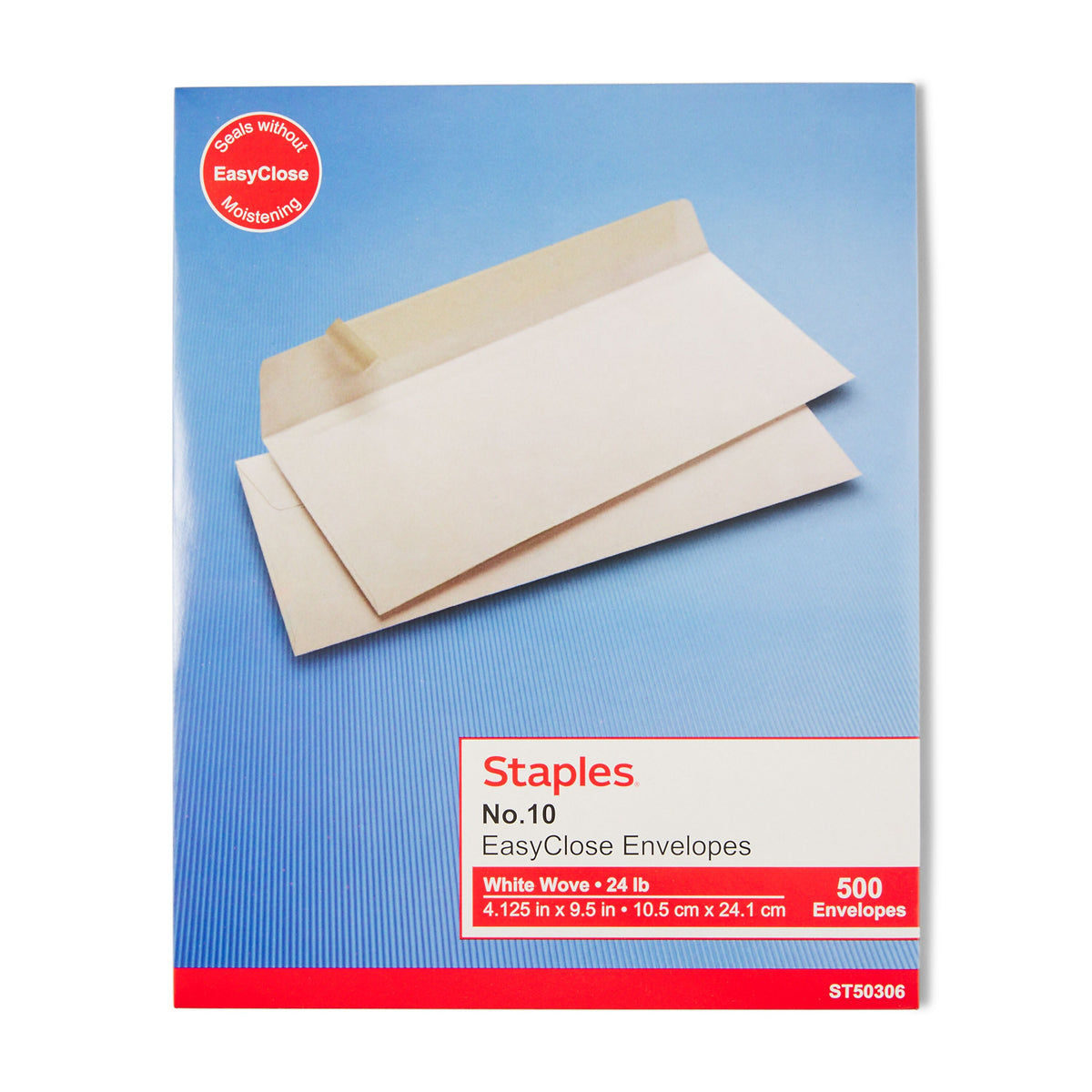 Staples EasyClose #10 Business Envelopes, 4 1/8" x 9 1/2", White, 500/Box