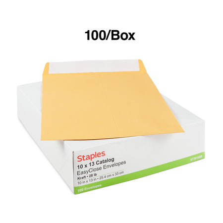 Staples EasyClose Kraft Catalog Envelopes, 10"L x 13"H, Brown, 100/Box