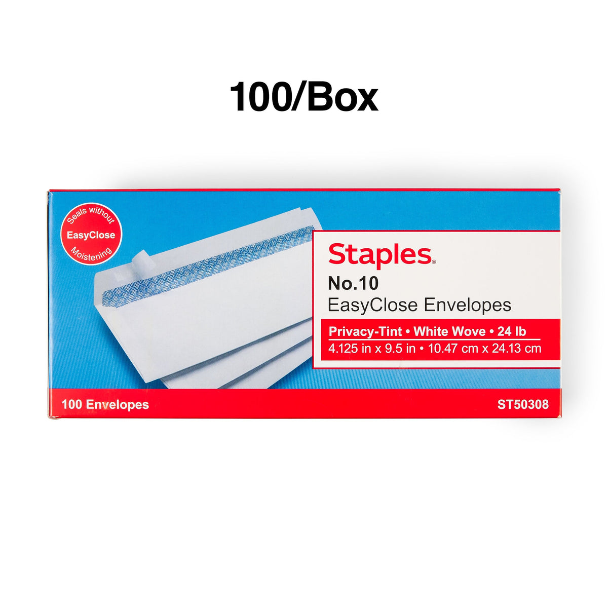 Staples EasyClose Security Tinted #10 Business Envelopes, 4 1/8" x 9 1/2", White, 100/Box