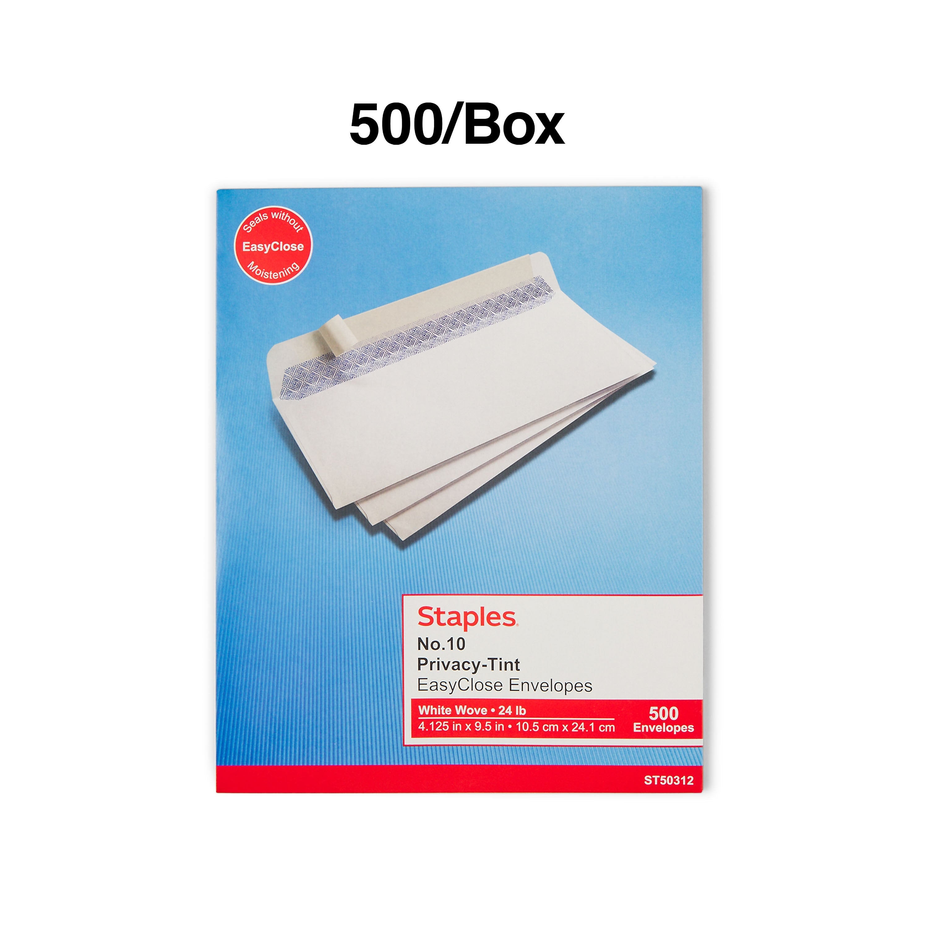 Staples EasyClose Security Tinted #10 Business Envelopes, 4 1/8" x 9 1/2", White, 500/Box