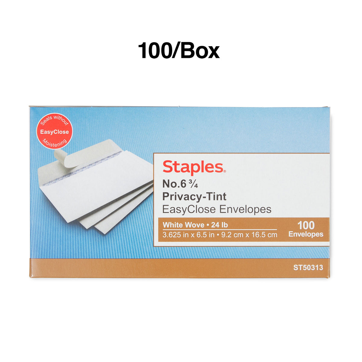 Staples EasyClose Security Tinted #6 3/4 Business Envelopes, 3 5/8" x 6 1/2", White, 100/Box