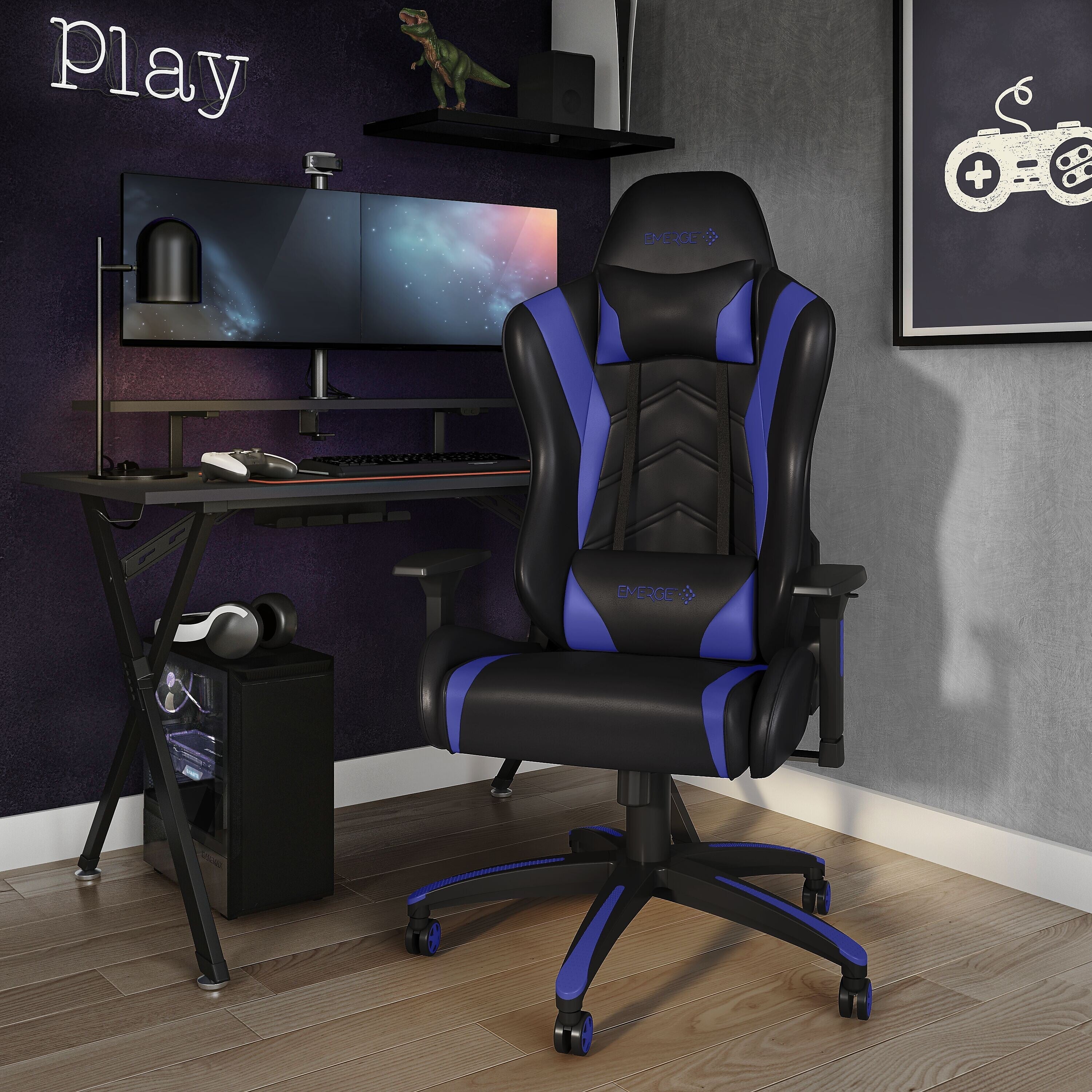 Staples Emerge Vartan Bonded Leather Ergonomic Gaming Chair, Black/Blue
