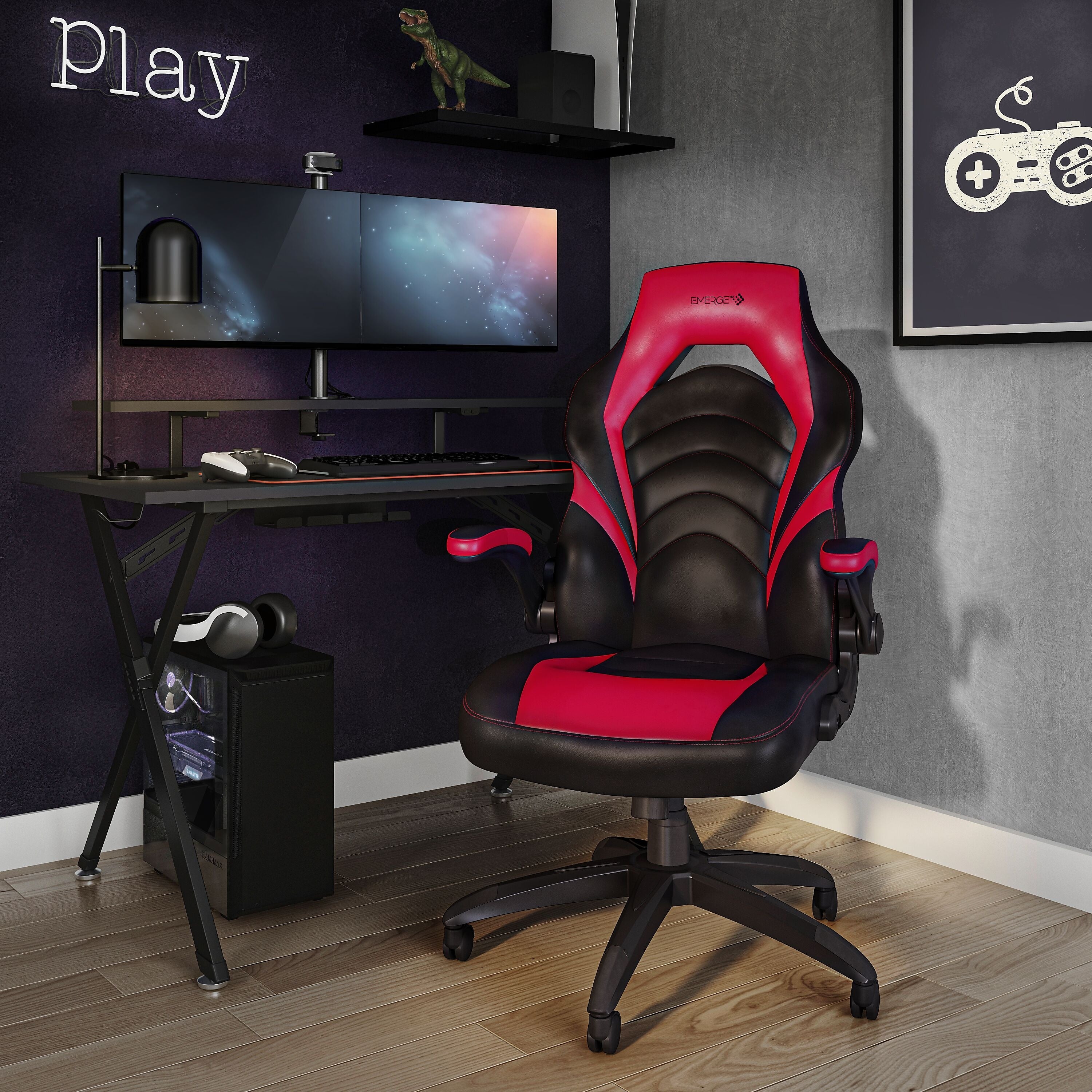 Staples Emerge Vortex Bonded Leather Ergonomic Gaming Chair, Black and Red