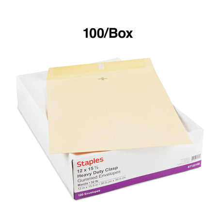 Staples Extra-Heavyweight Clasp & Moistenable Glue #15 1/2 Catalog Envelope, 12" x 15 1/2", Beige, 100/Box