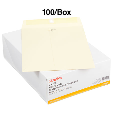 Staples Extra-Heavyweight Clasp & Moistenable Glue Catalog Envelopes, 9"L x 12"H, Manila, 100/Box