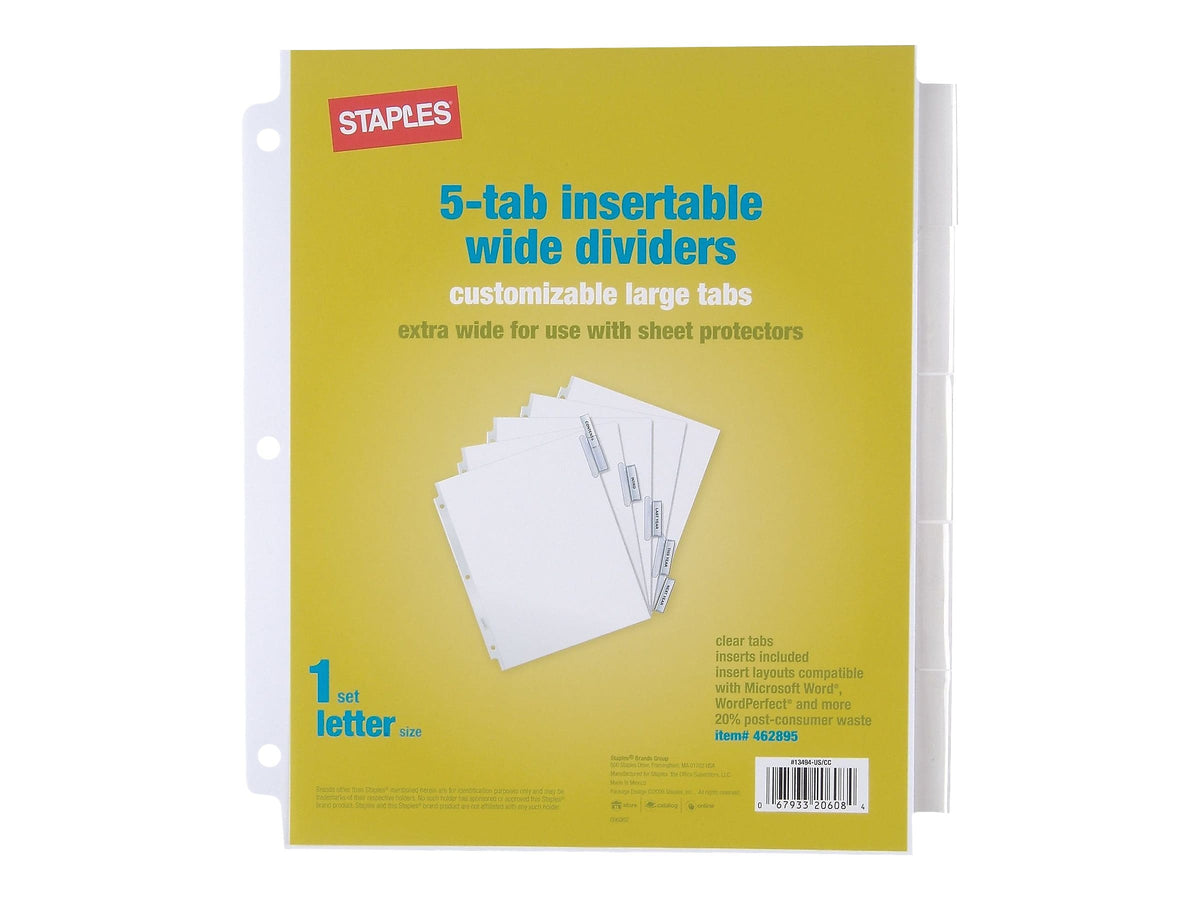 Staples Extra Wide Insertable Paper Dividers, 5-Tab, Clear