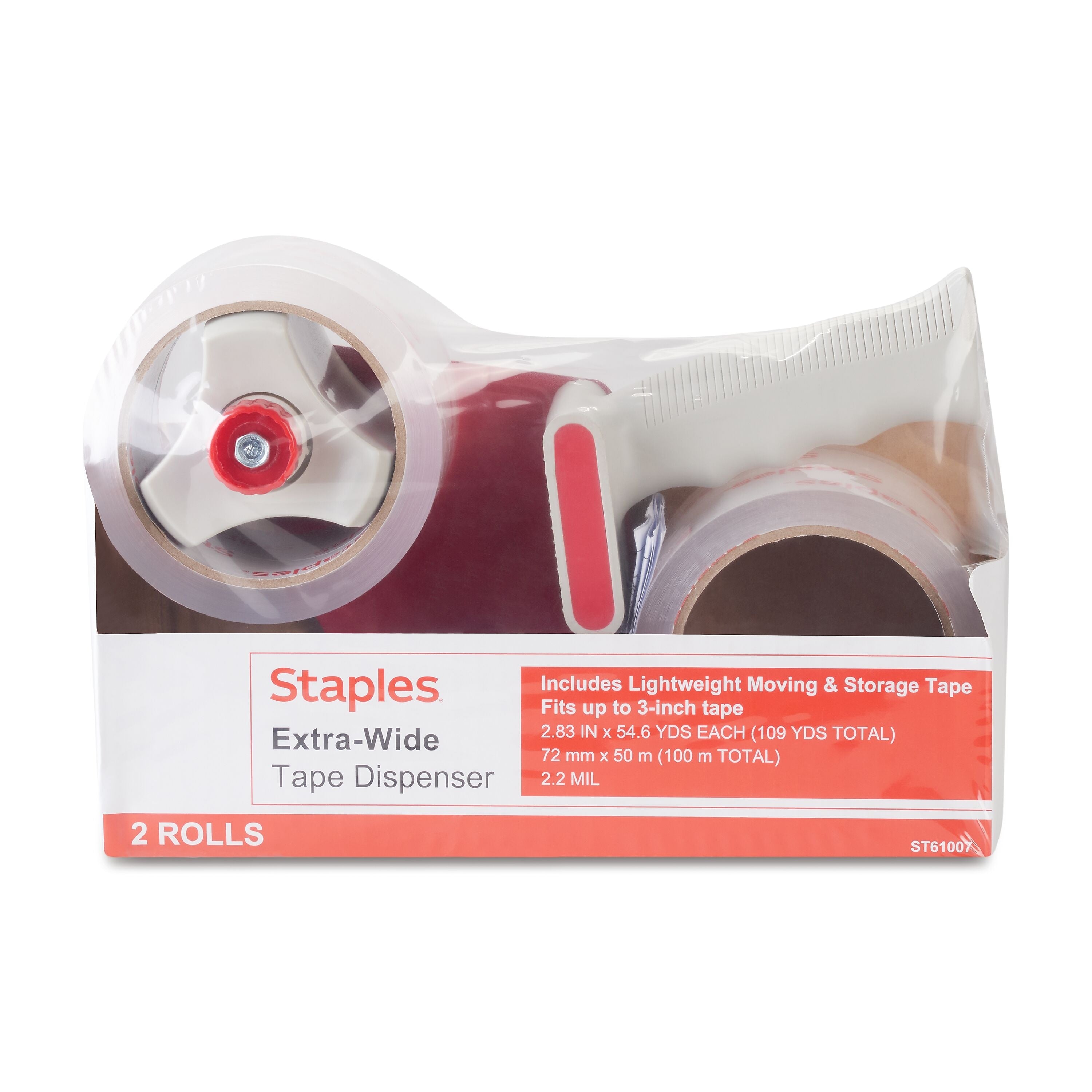 Staples Extra Wide Packing Tape with Dispenser, 2.83" x 54.6 yds., Clear, 2/Rolls