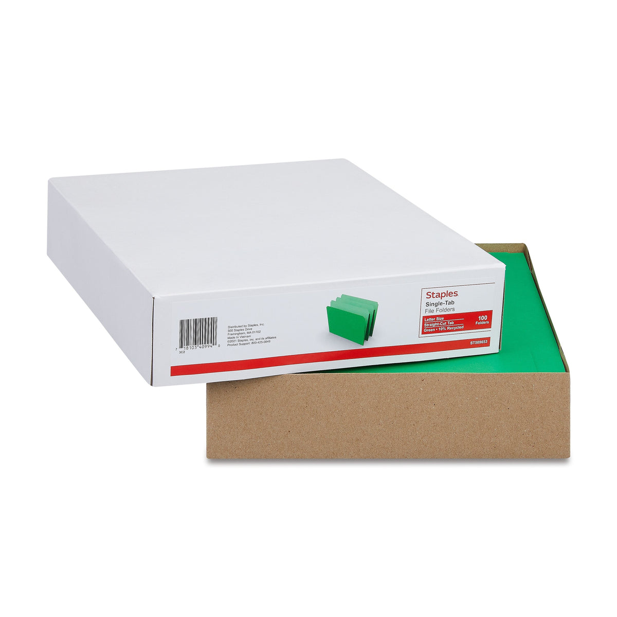 Staples File Folder, Single Tab, Letter Size, Green, 100/Box