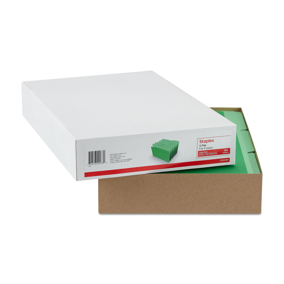 Staples File Folders, 1/3-Cut Tab, Legal Size, Green, 100/Box