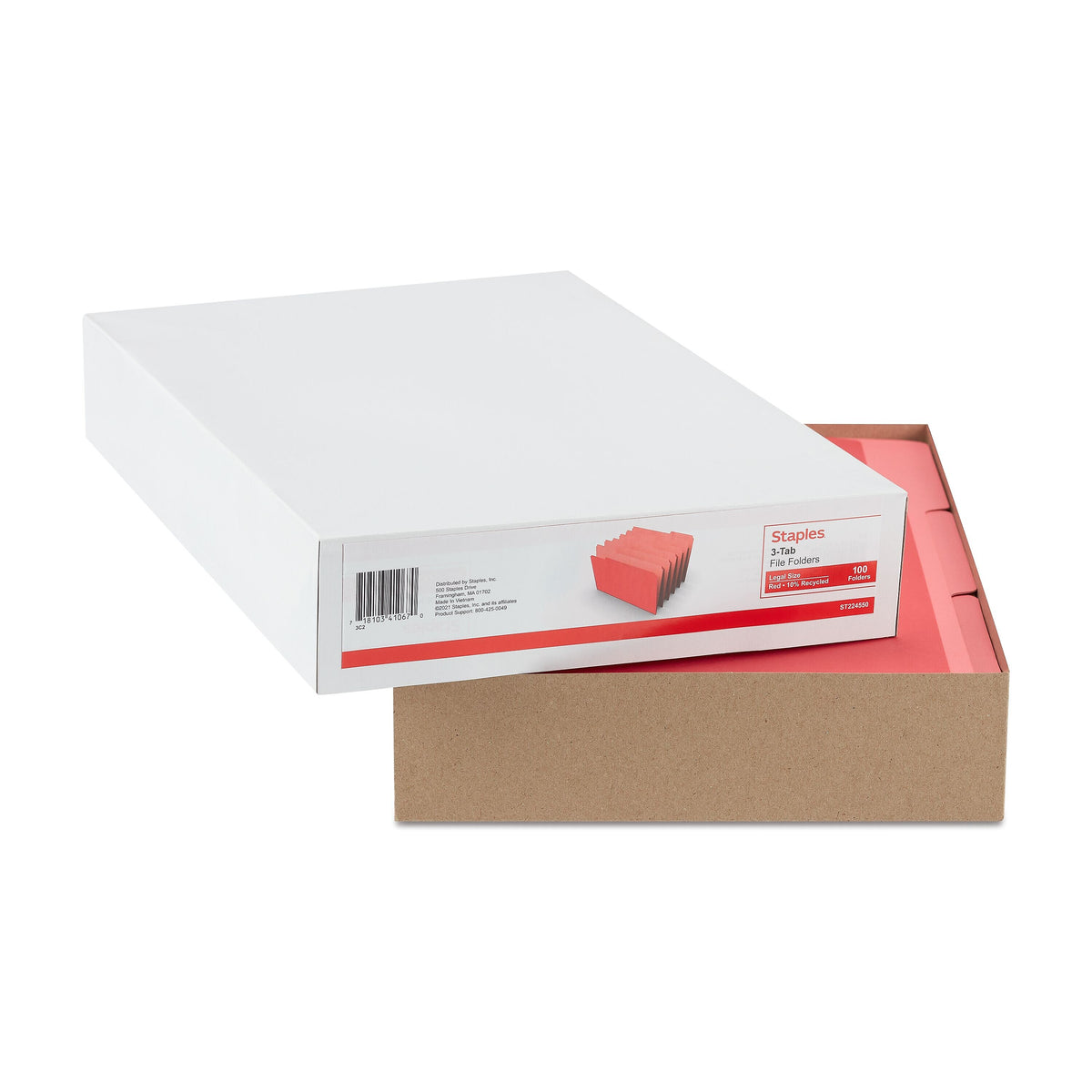 Staples File Folders, 1/3-Cut Tab, Legal Size, Red, 100/Box