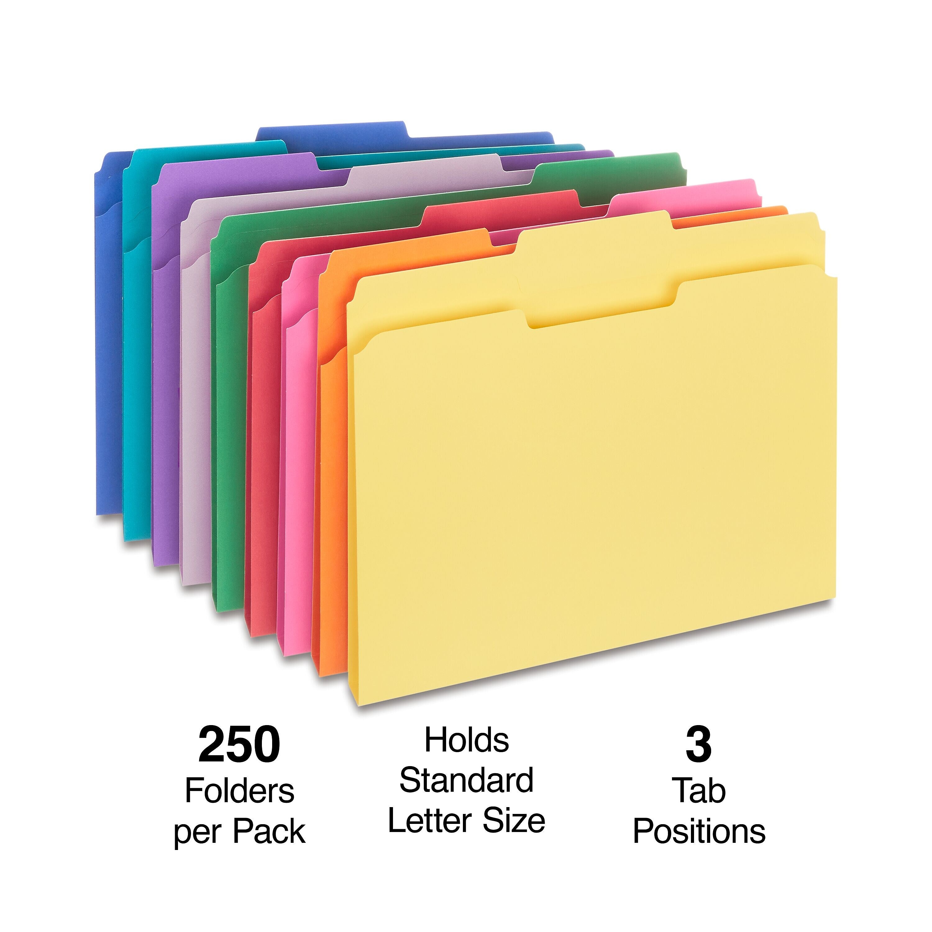 Staples File Folders, 1/3-Cut Tab, Letter Size, Assorted, 250/Box