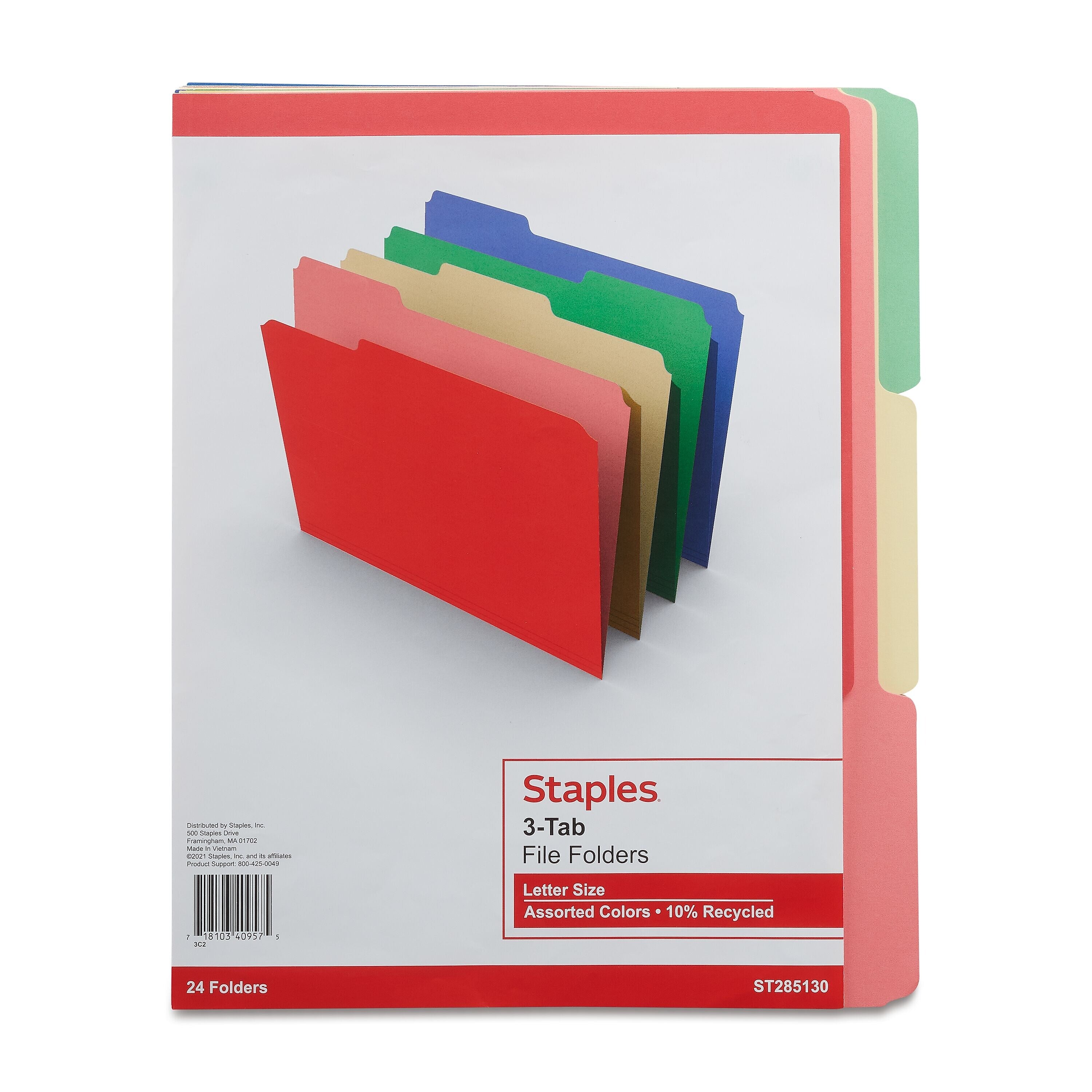 Staples File Folders, 1/3-Cut Tab, Letter Size, Assorted Colors, 24/Pack