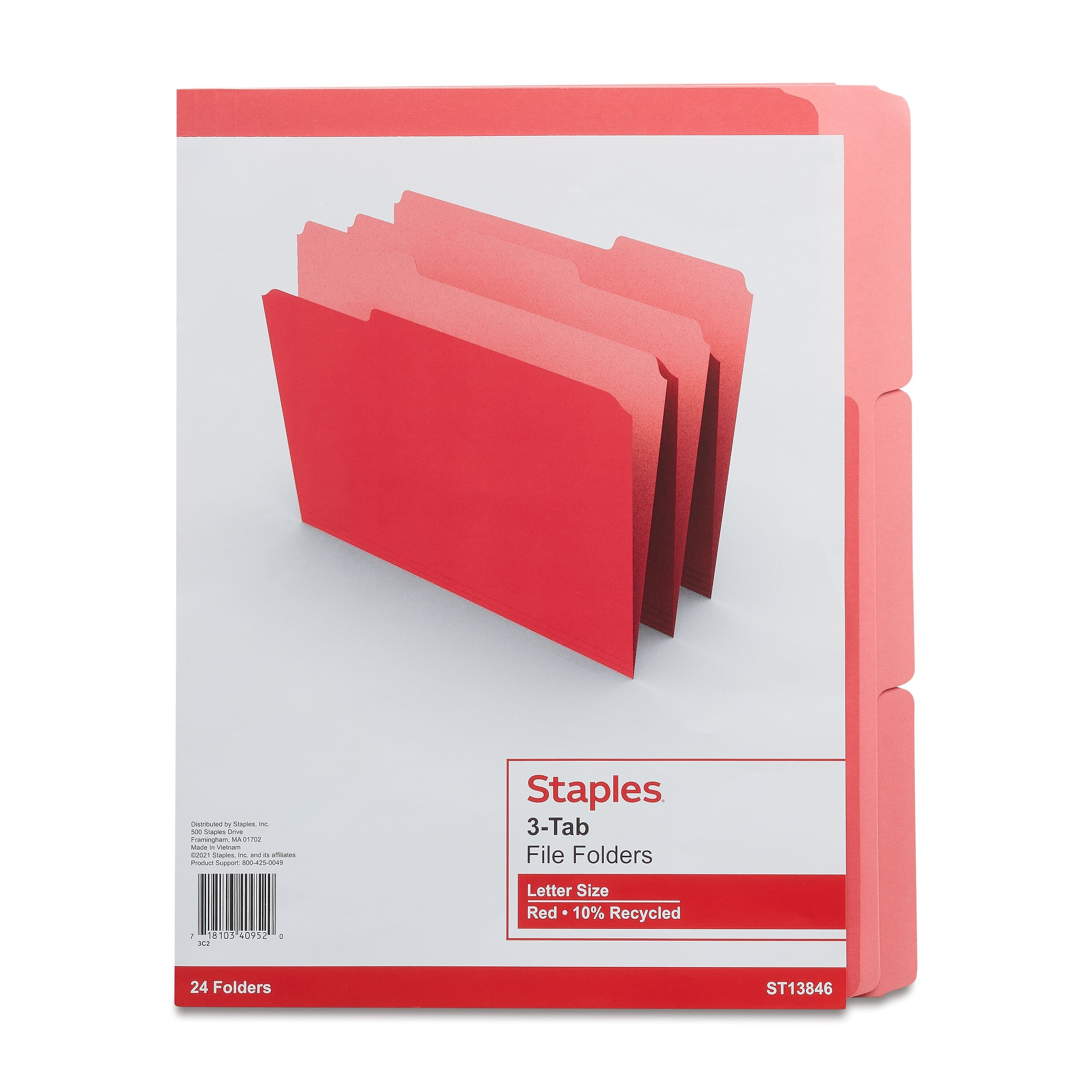 Staples File Folders, 1/3-Cut Tab, Letter Size, Red, 24/Pack