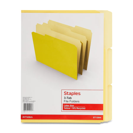 Staples File Folders, 1/3-Cut Tab, Letter Size, Yellow, 24/Pack