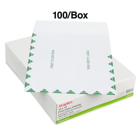 Staples First Class EasyClose Catalog Envelopes, 10" x 13", White with Green Diamond Border, 100/Box