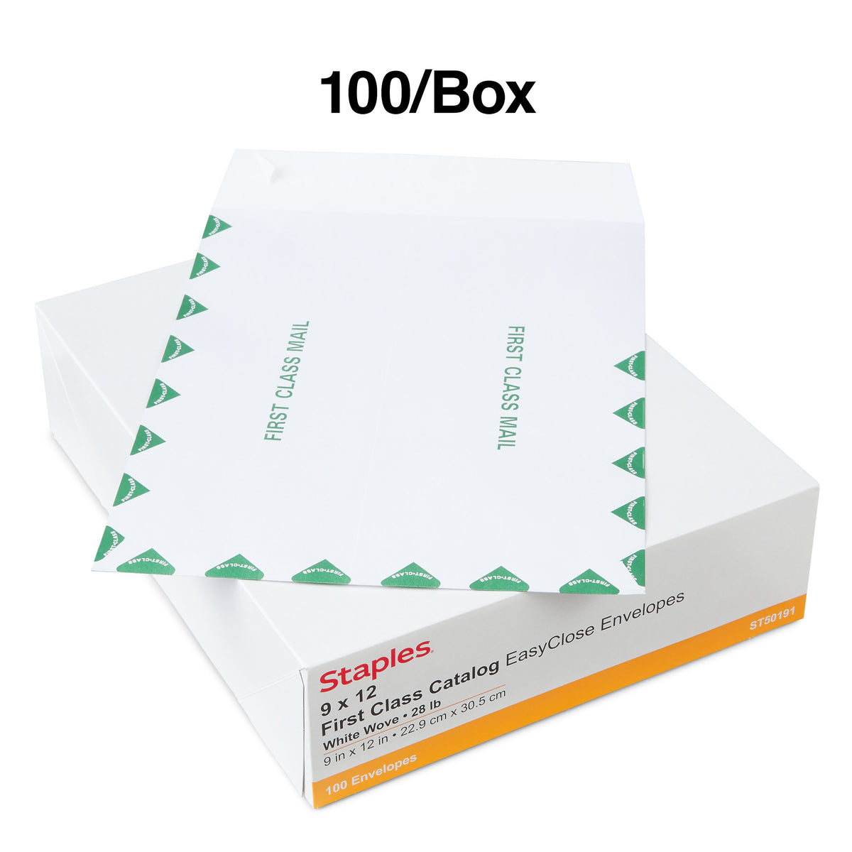 Staples First Class EasyClose Catalog Envelopes, 9"L x 12"H, White and Green, 100/Box