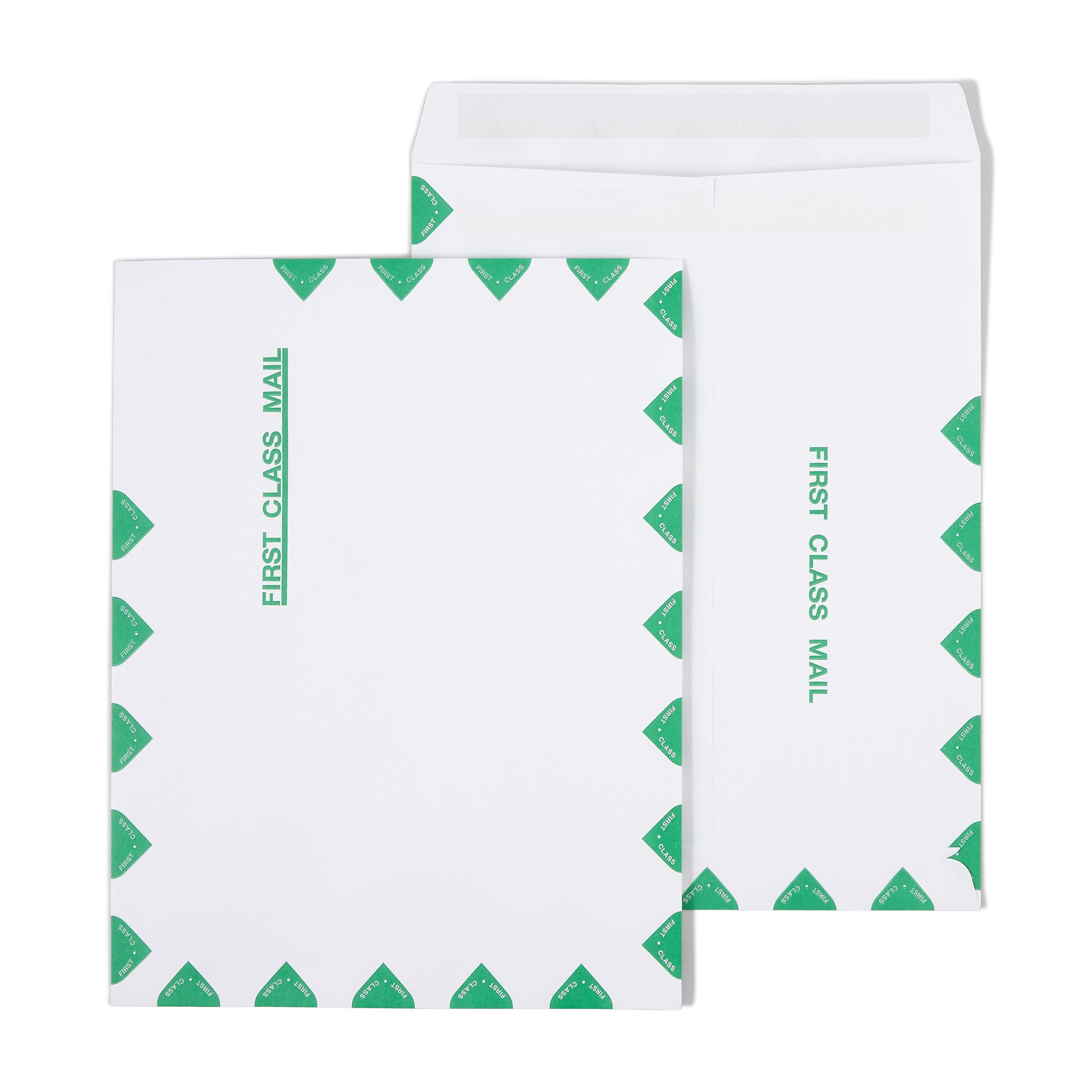 Staples First Class Self Seal #13 Envelope, 10" x 13", White with green diamond border, 100/Box