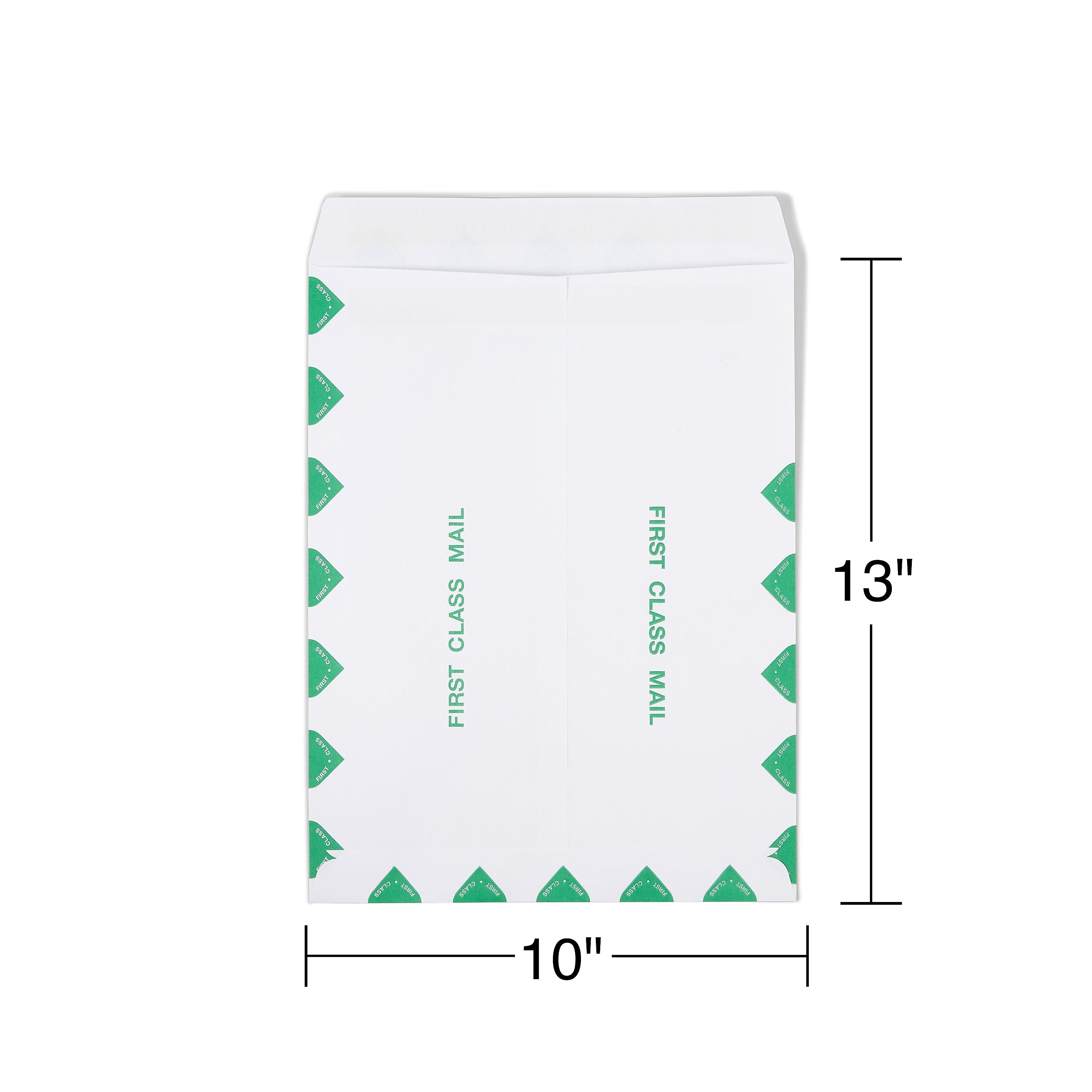 Staples First Class Self Seal #13 Envelope, 10" x 13", White with green diamond border, 100/Box