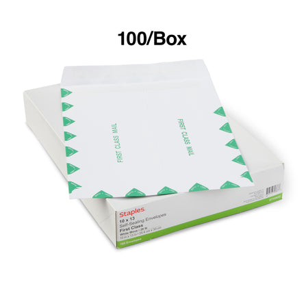 Staples First Class Self Seal #13 Envelope, 10" x 13", White with green diamond border, 100/Box