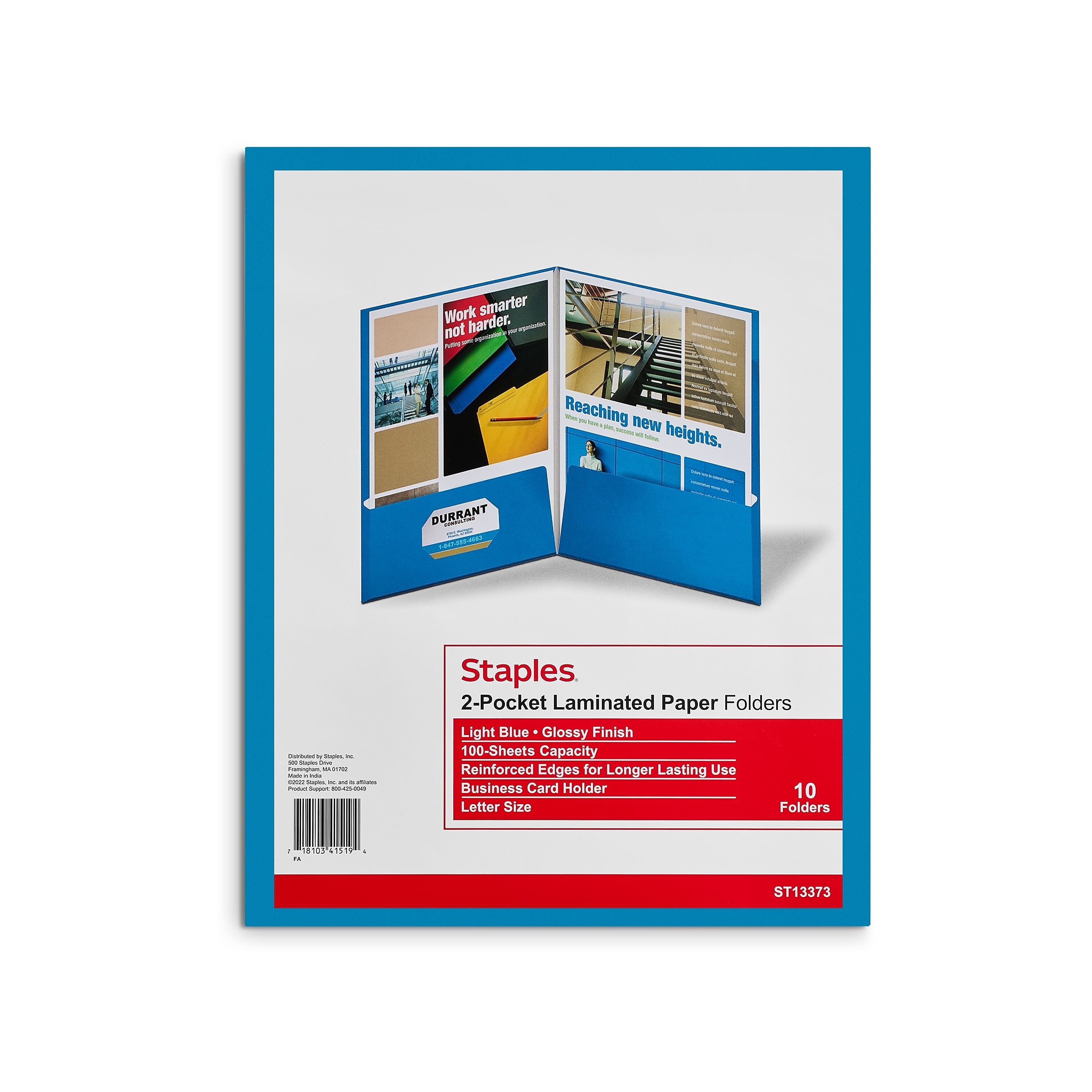 Staples Glossy 2-Pocket Paper Folder, Light Blue, 10/Pack