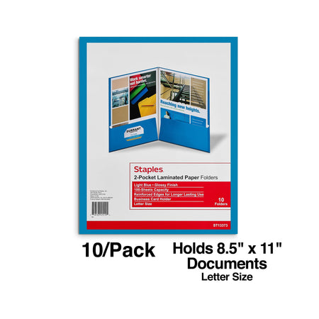 Staples Glossy 2-Pocket Paper Folder, Light Blue, 10/Pack