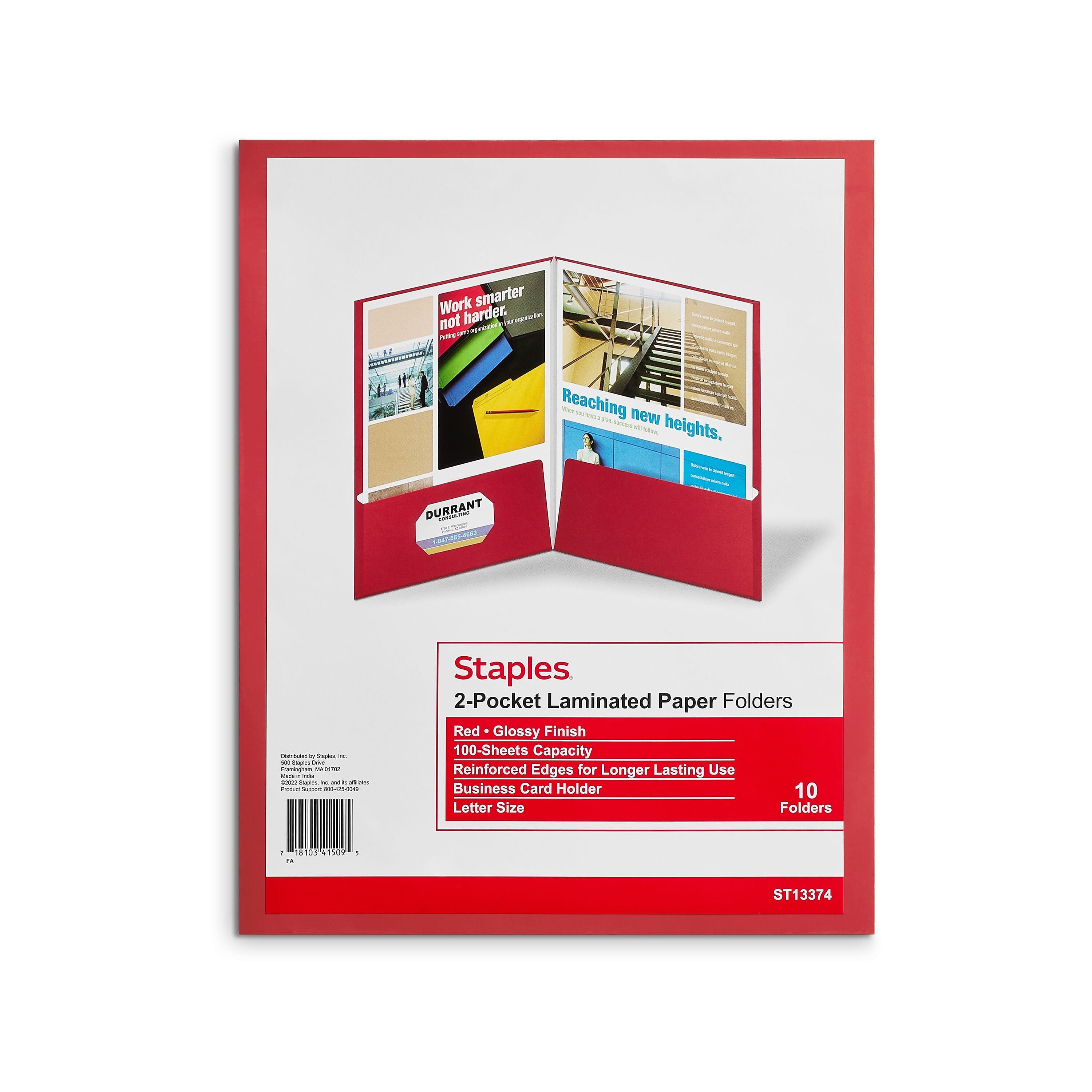 Staples Glossy 2-Pocket Paper Folder, Red, 10/Pack