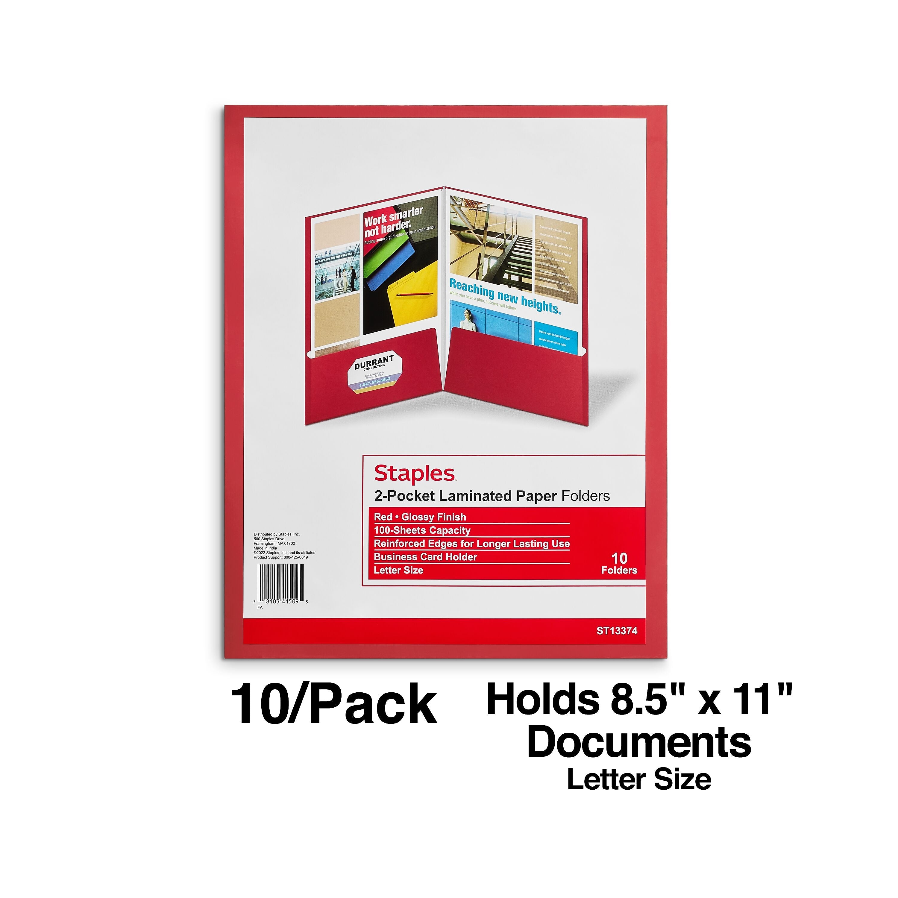 Staples Glossy 2-Pocket Paper Folder, Red, 10/Pack