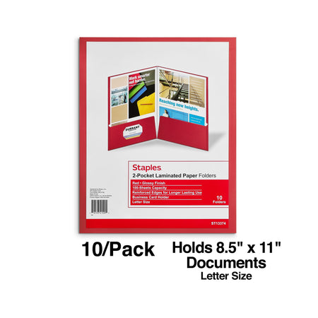 Staples Glossy 2-Pocket Paper Folder, Red, 10/Pack