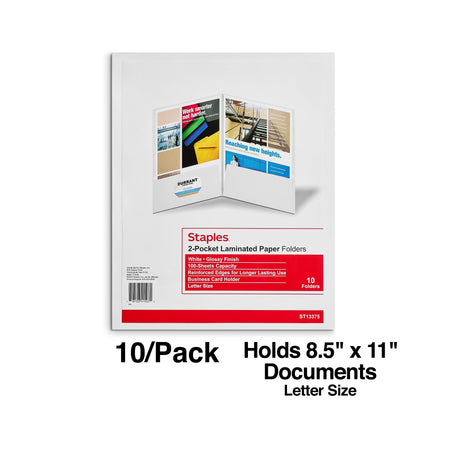 Staples Glossy 2-Pocket Paper Folder, White, 10/Pack