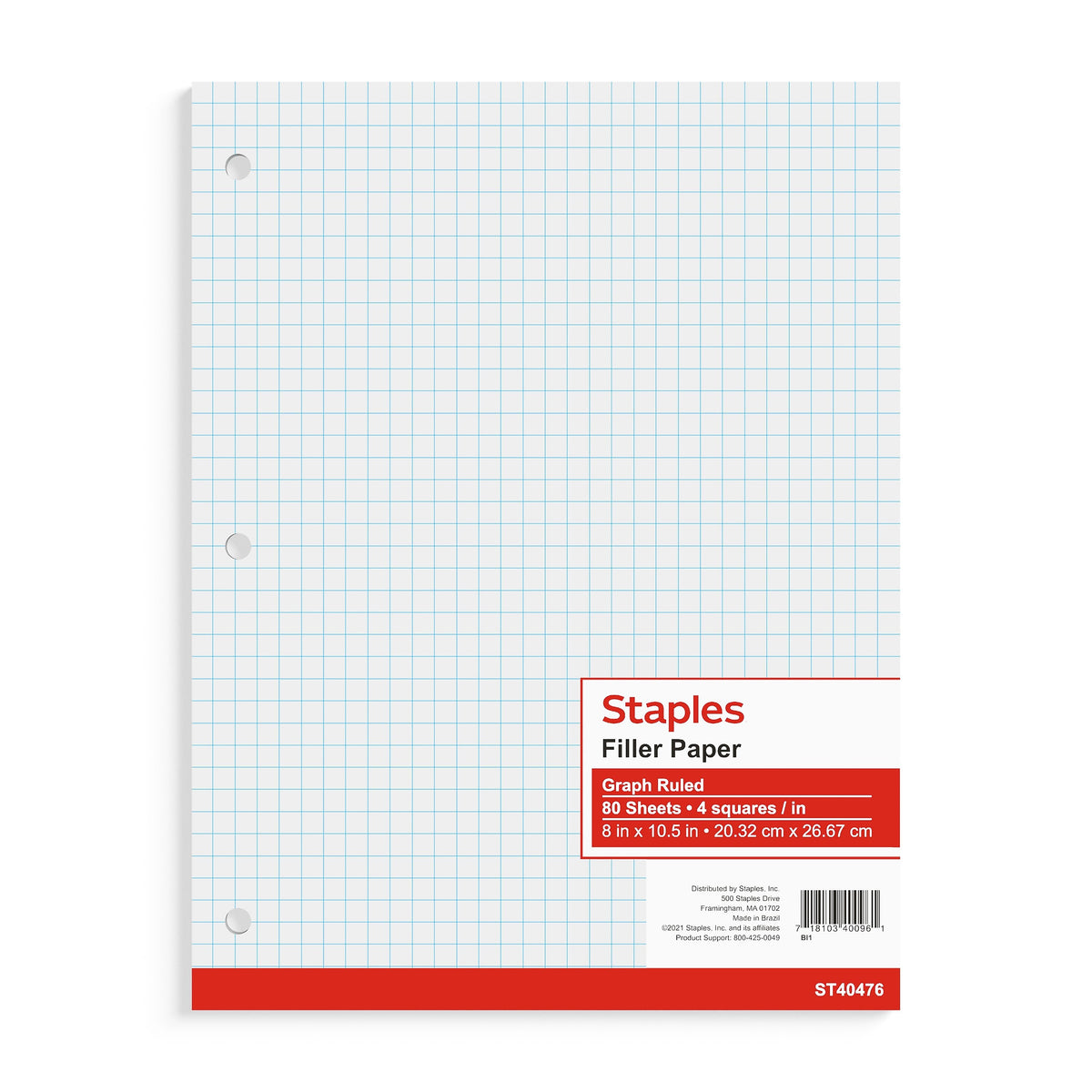 Staples® Graph Ruled Filler Paper, 8" x 10.5", 3-Hole Punched, White, 80 Sheets/Pack