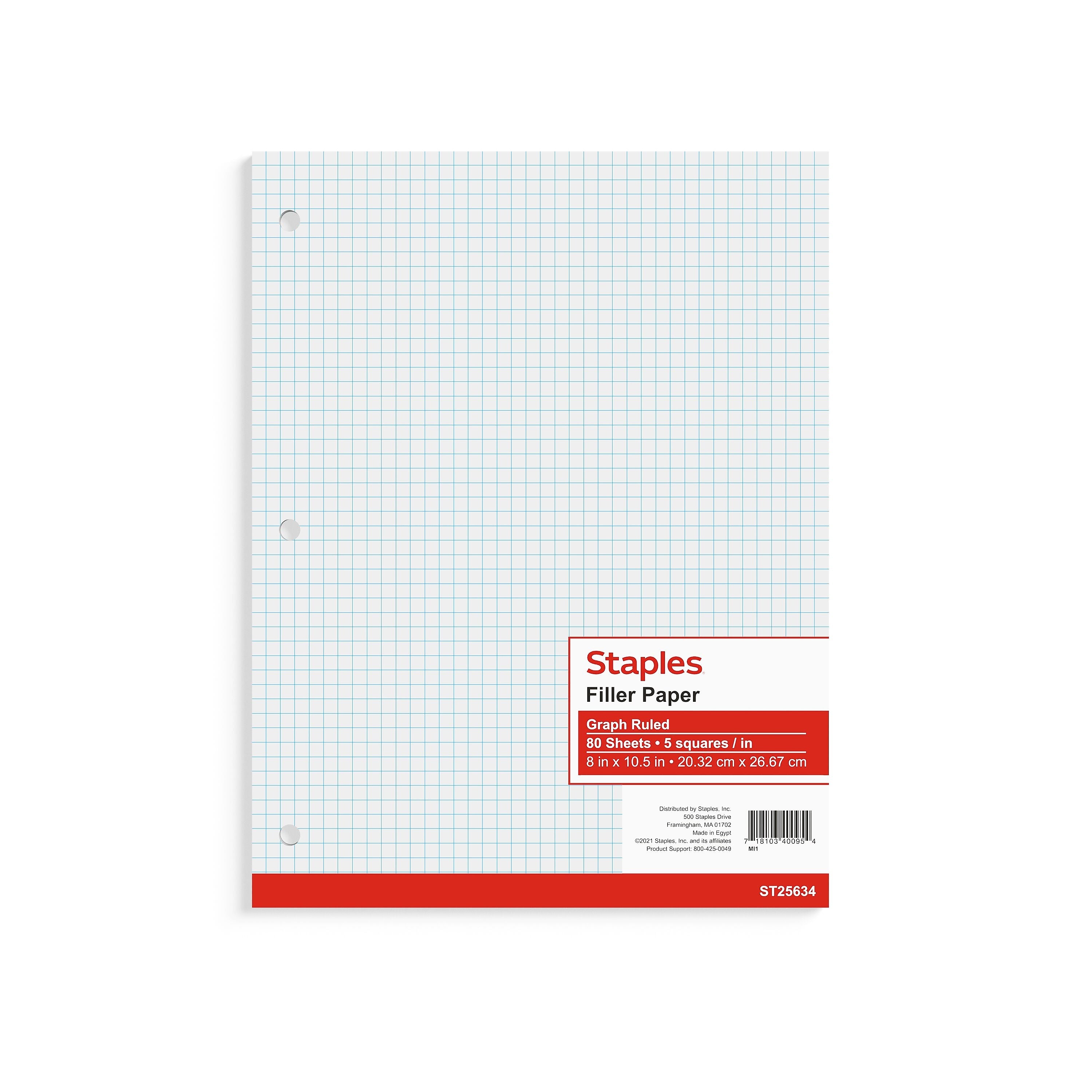 Staples® Graph Ruled Filler Paper, 8" x 10.5", White, 80 Sheets/Pack