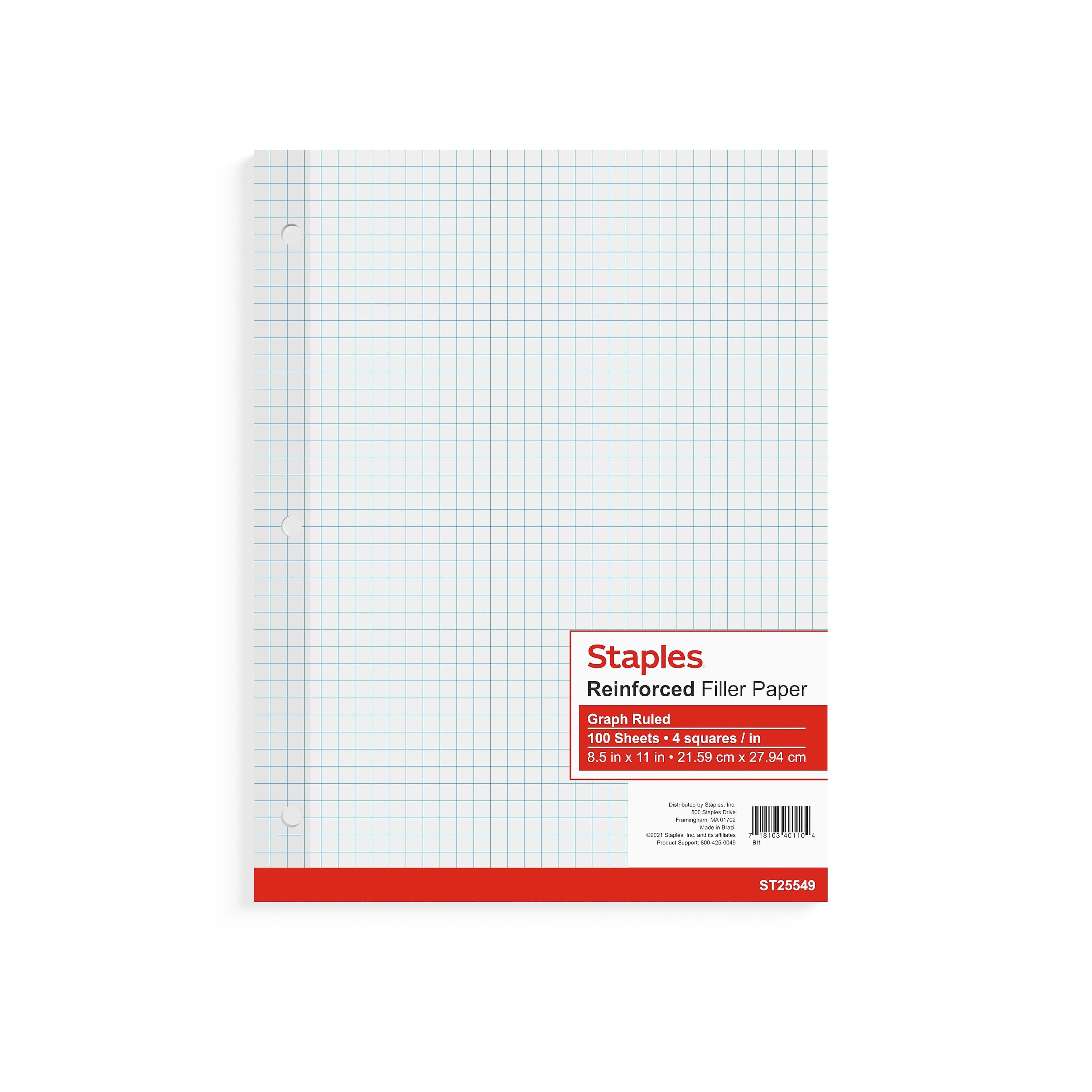 Staples Graph Ruled Filler Paper, 8.5" x 11", White, 100 Sheets/Pack