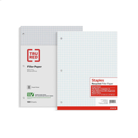 Staples Graph Ruled Filler Paper, 8.5" x 11", White, 100 Sheets/Pack