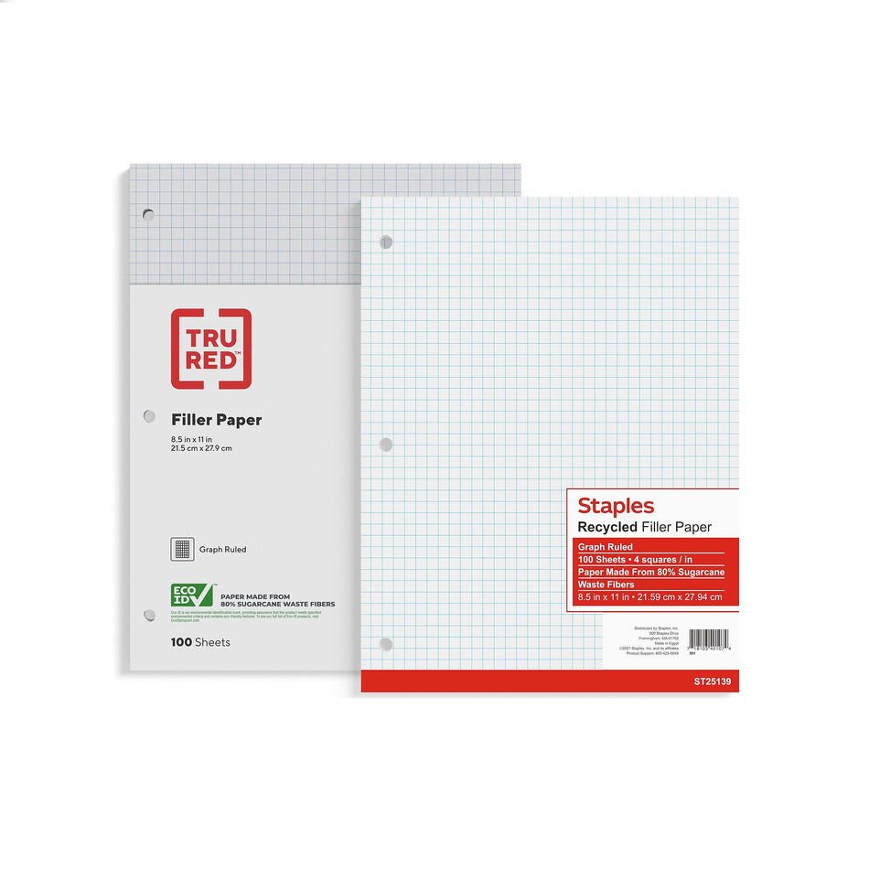 Staples Graph Ruled Filler Paper, 8.5" x 11", White, 100 Sheets/Pack