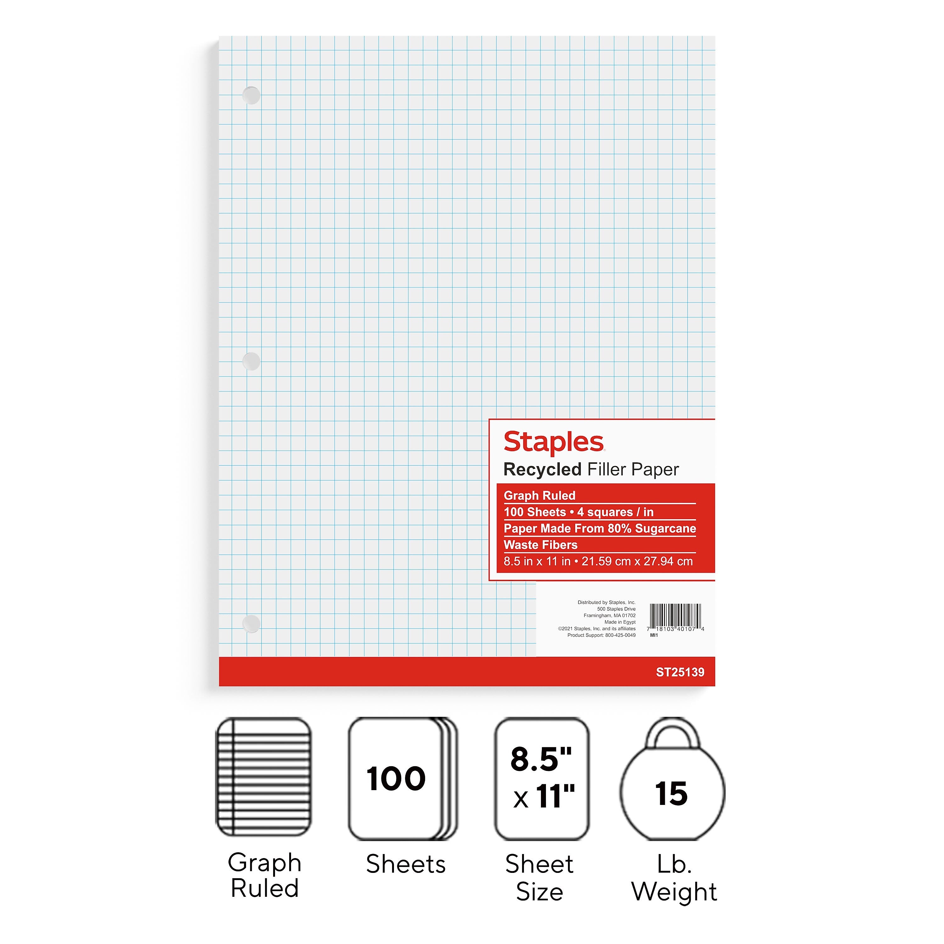 Staples Graph Ruled Filler Paper, 8.5" x 11", White, 100 Sheets/Pack