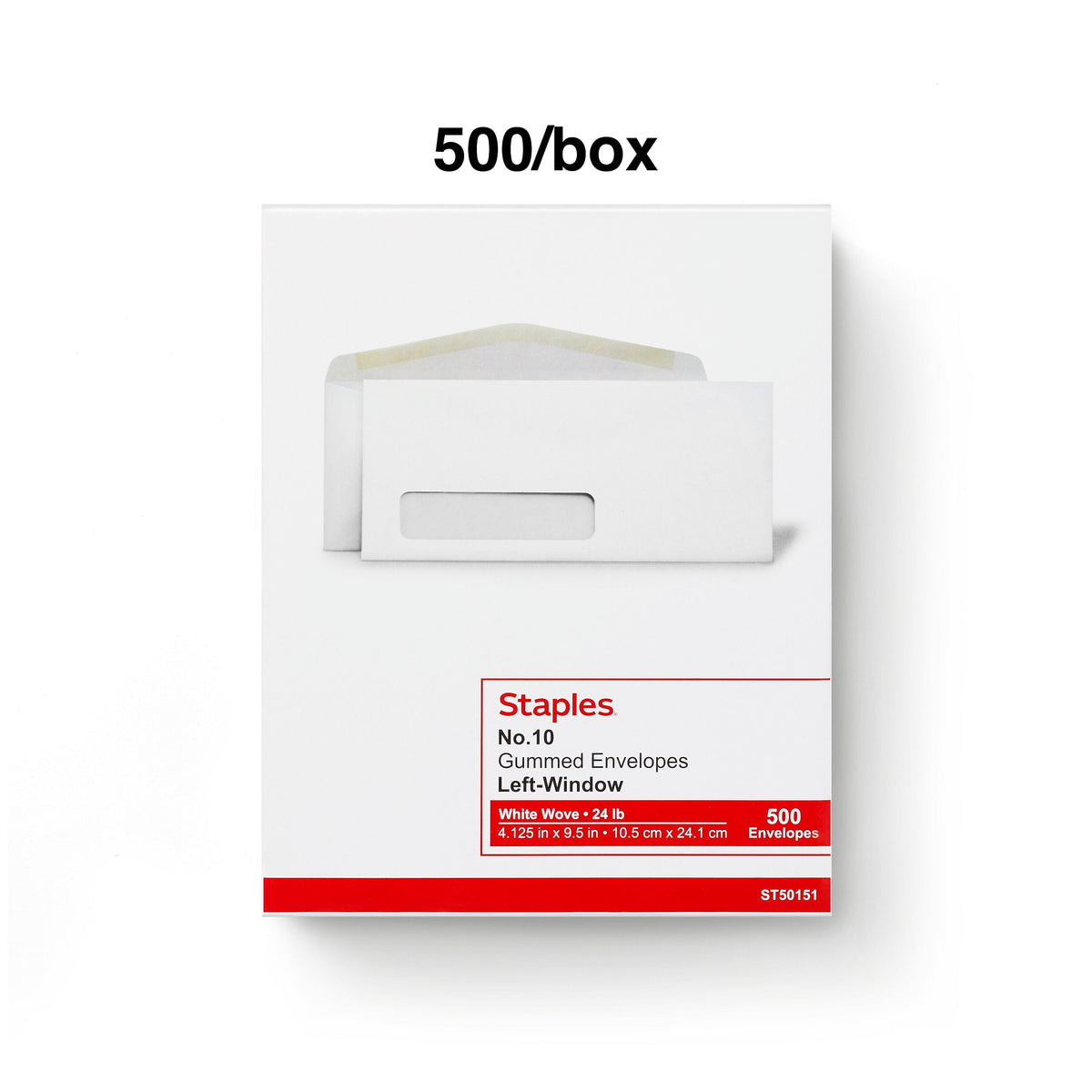 Staples Gummed #10 Business Envelope, 4 1/8" x 9 1/2", White Wove, Window, 500/Box