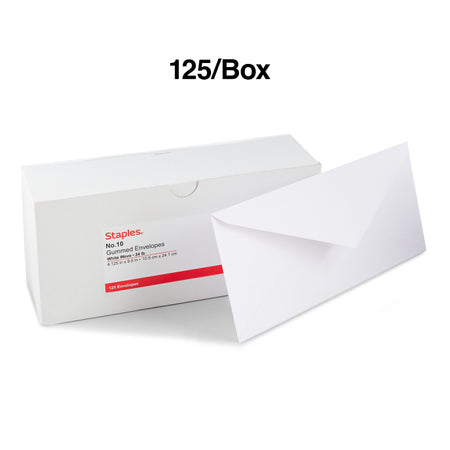 Staples Gummed #10 Business Envelopes, 4 1/8" x 9 1/2", White, 125/Box