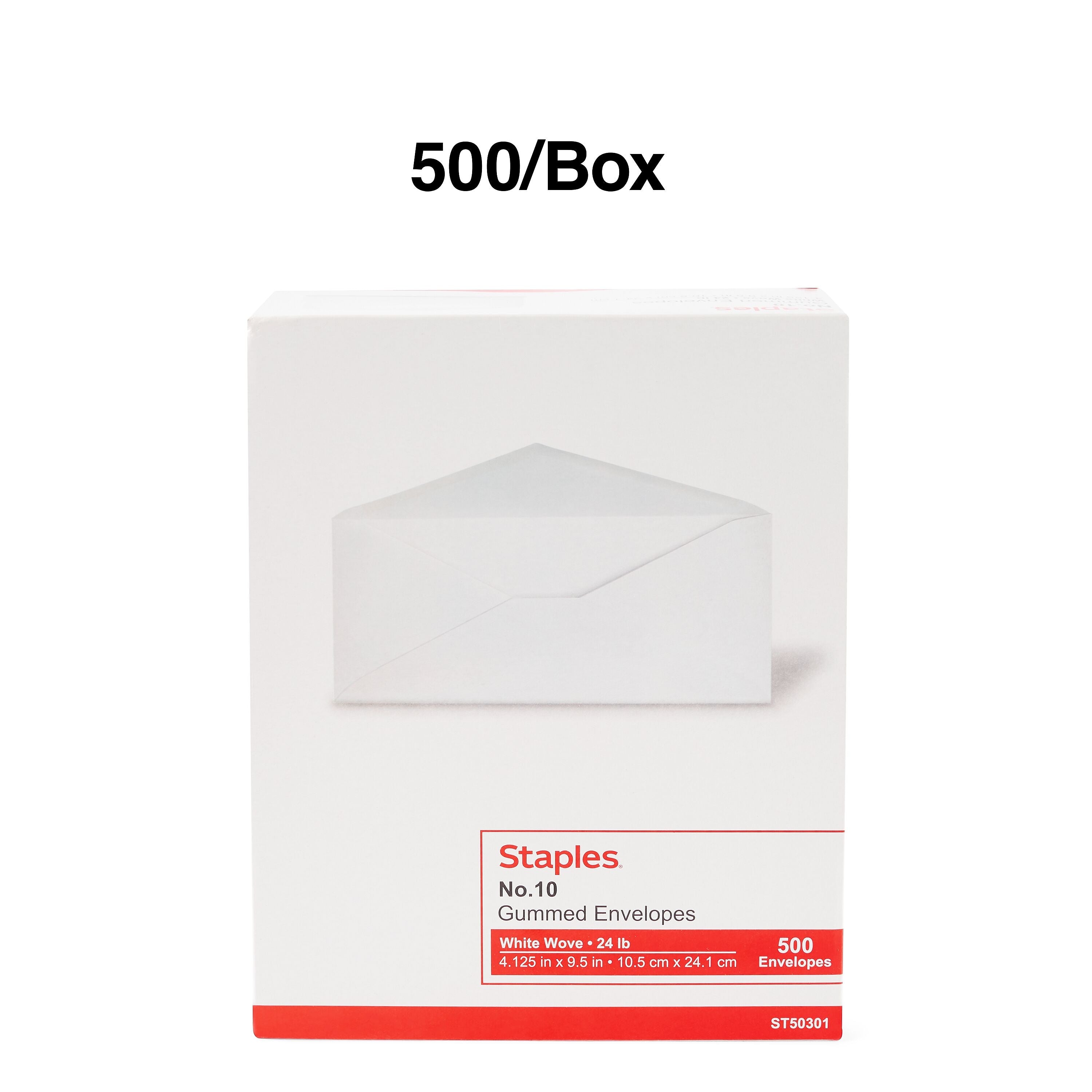 Staples Gummed #10 Business Envelopes, 4 1/8" x 9 1/2", White, 500/Box