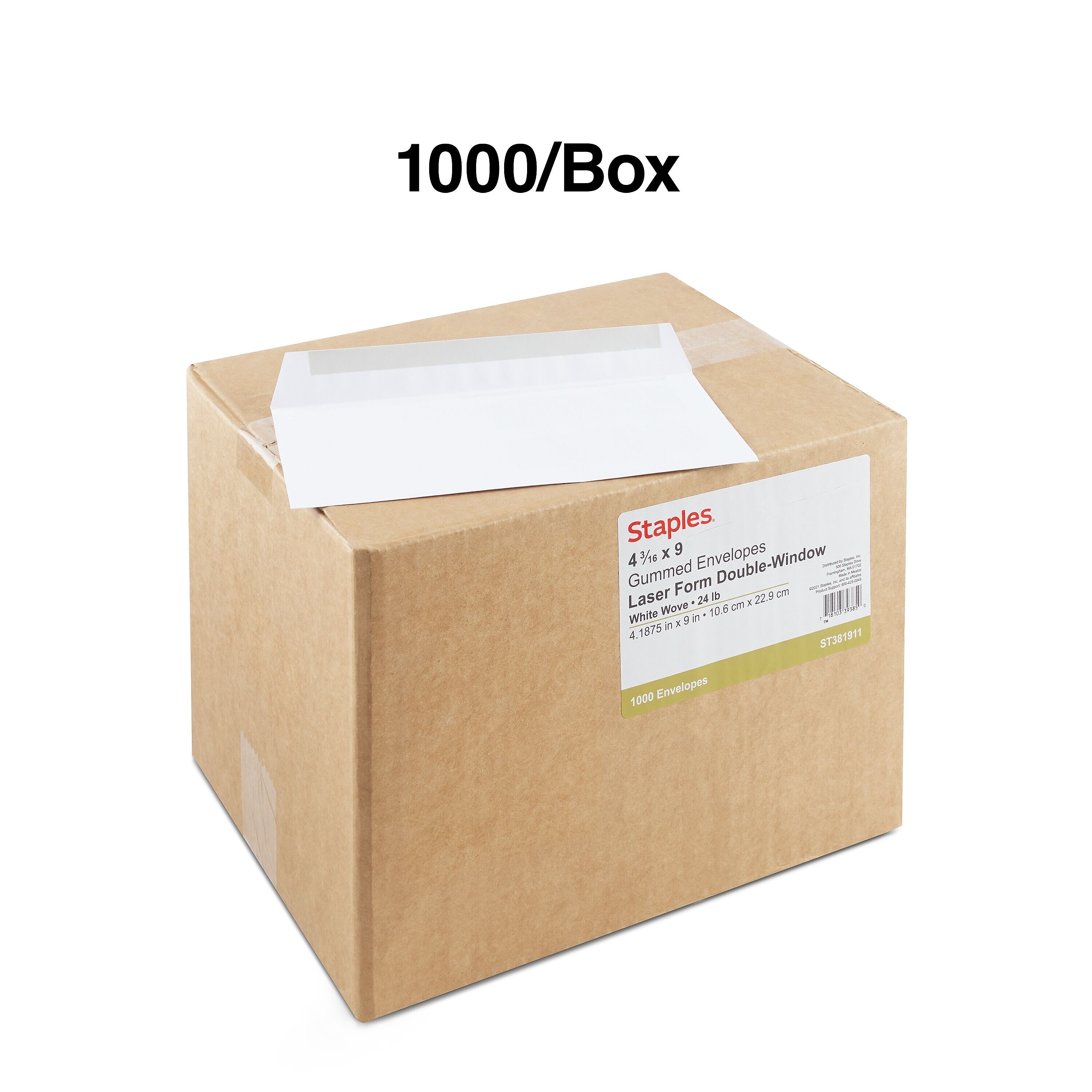 Staples Gummed Business Envelopes, 4 3/16" x 9", White, 1000/Box