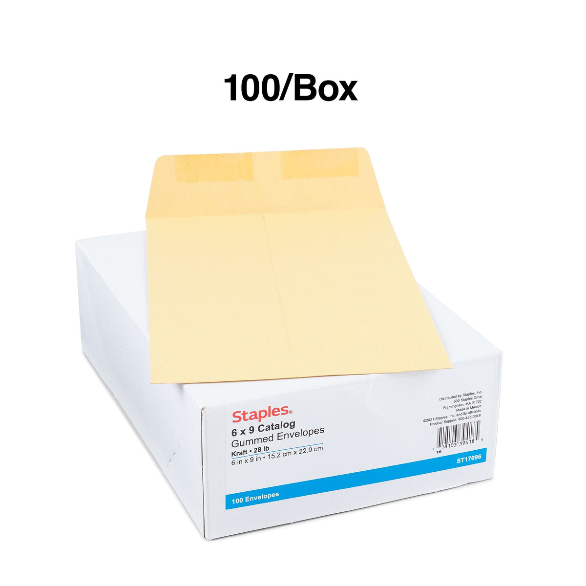 Staples Gummed Catalog Envelopes, 6" x 9", Brown, 100/Box