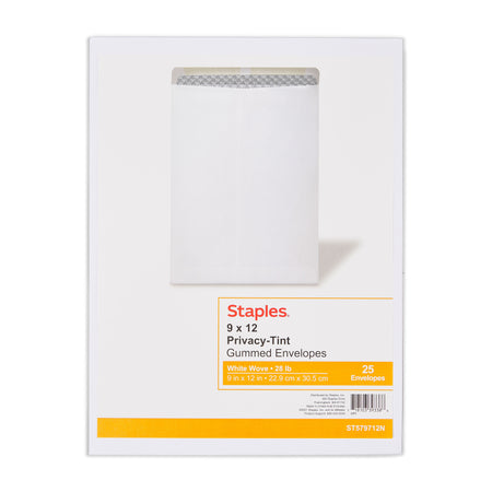 Staples Gummed Catalog Envelopes, 9" x 12", White, 25/Pack