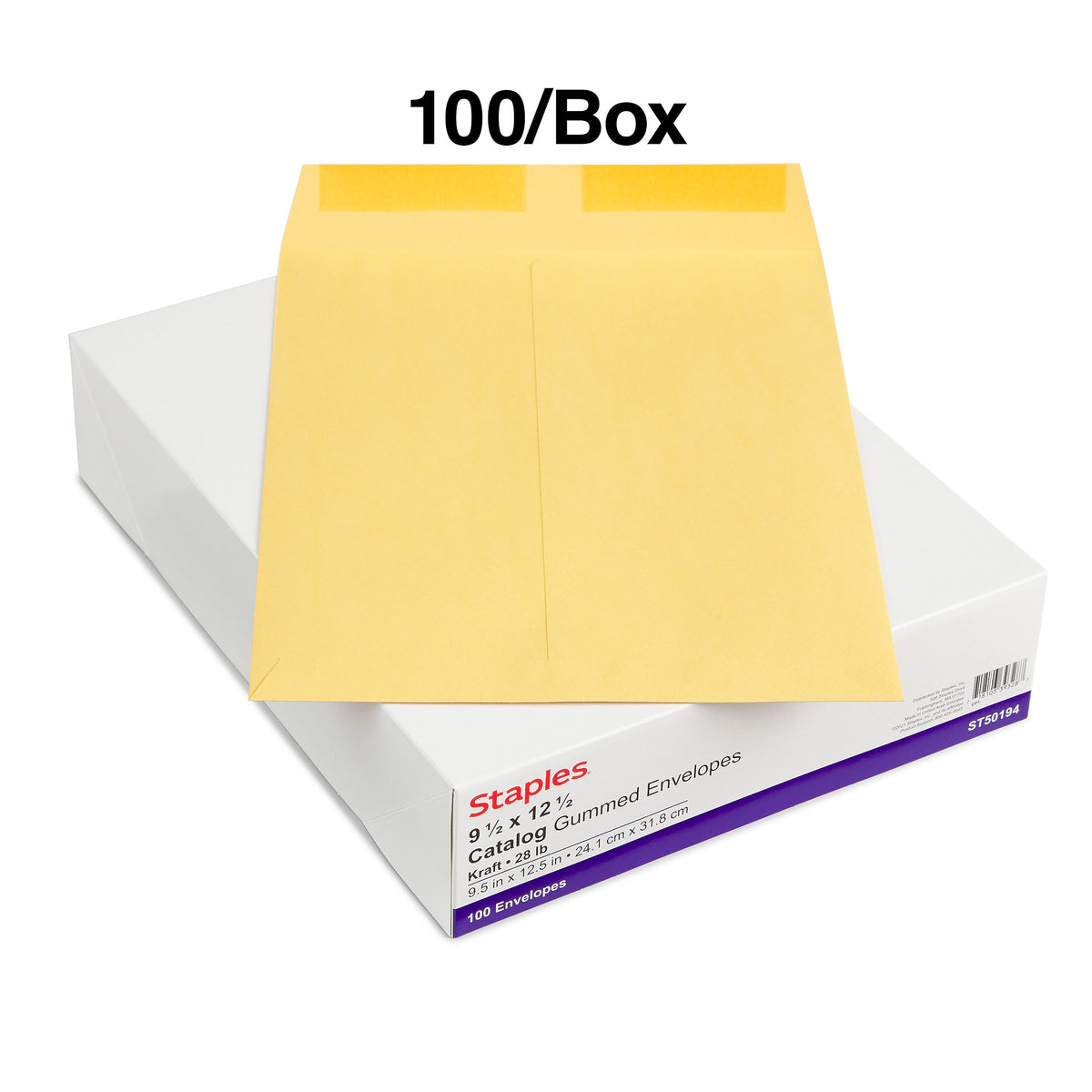 Staples Gummed Catalog Envelopes, 9.5"L x 12.5"H, Brown, 100/Box