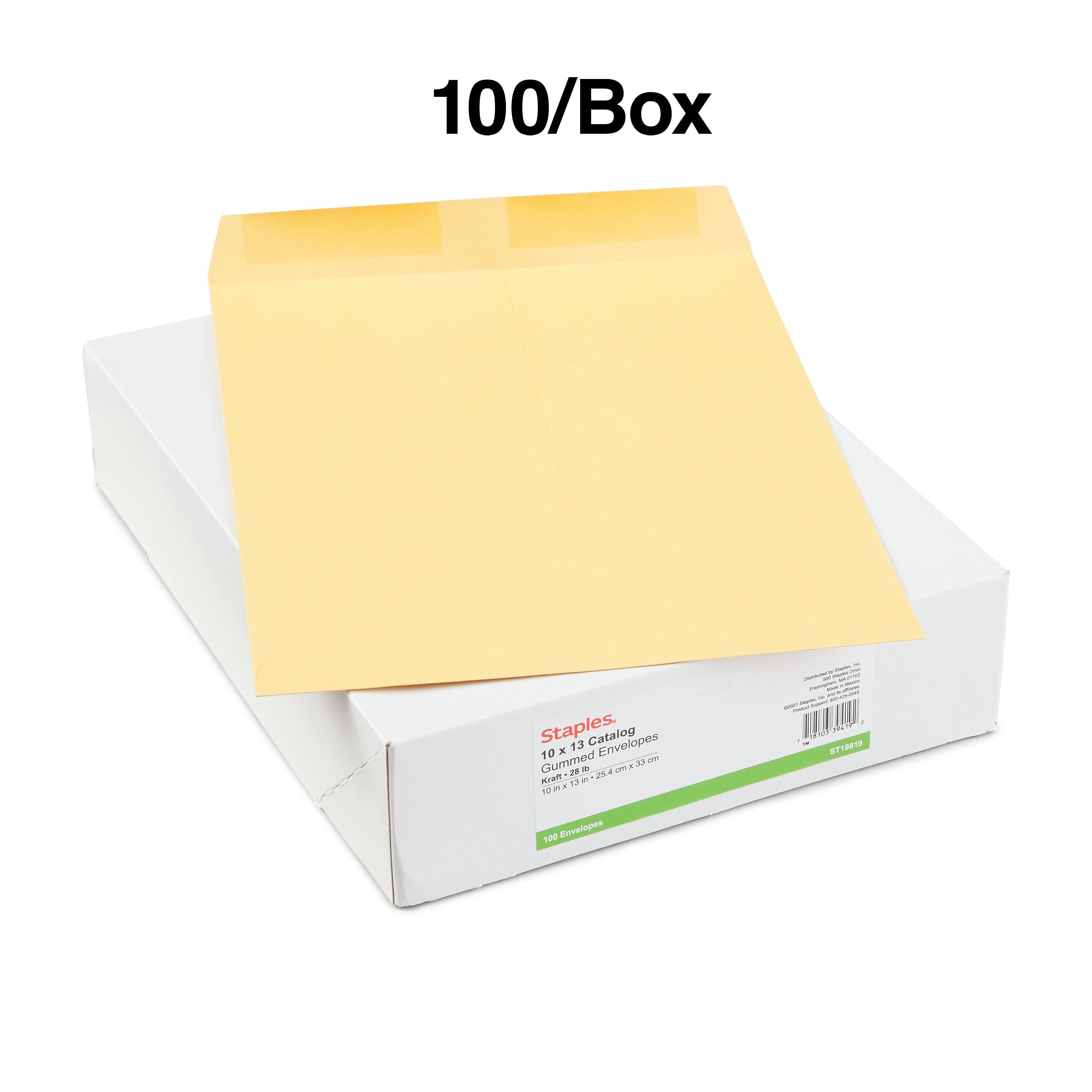 Staples Gummed Kraft Catalog Envelopes, 10"L x 13"H, Brown, 100/Box