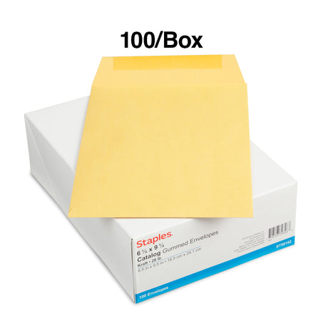 Staples Gummed Kraft Catalog Envelopes, 6.5" x 9.5", Brown, 100/Box