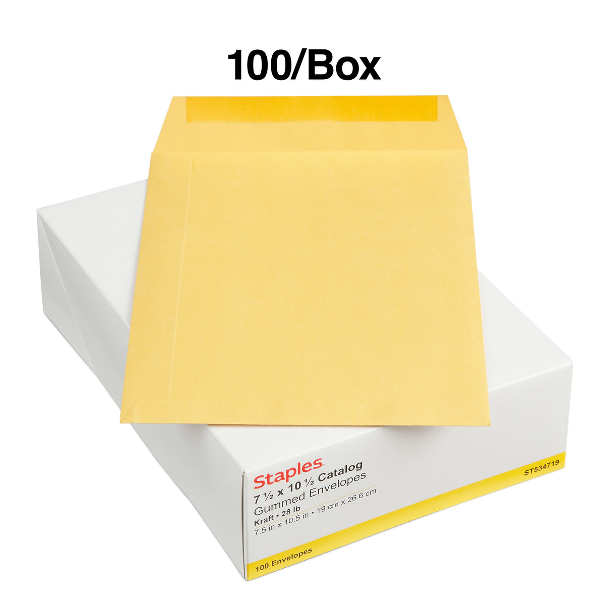 Staples Gummed Kraft Catalog Envelopes, 7.5"L x 10.5"H, Brown, 100/Box