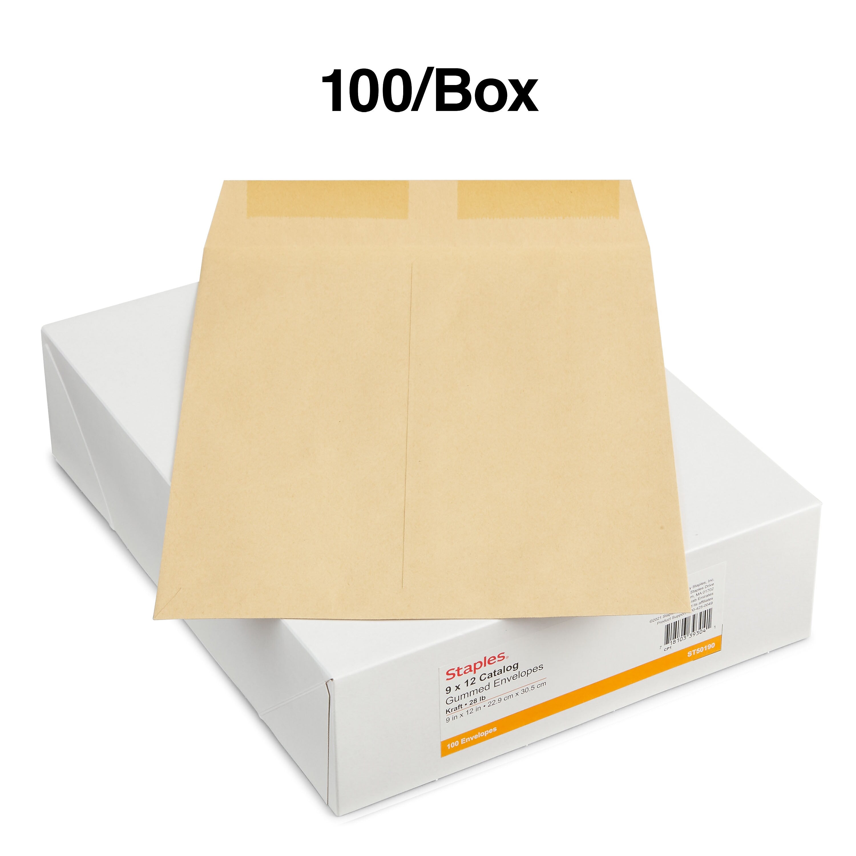 Staples Gummed Kraft Catalog Envelopes, 9"L x 12"H, Brown, 100/Box