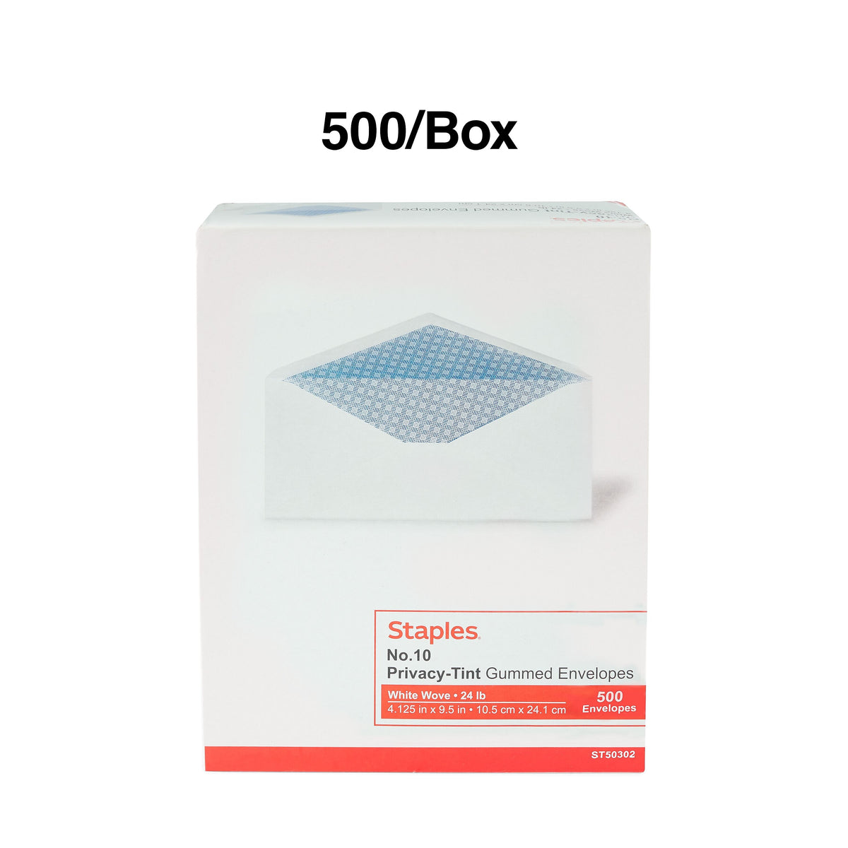 Staples Gummed Security Tinted #10 Business Envelopes, 4 1/8" x 9 1/2", White, 500/Box